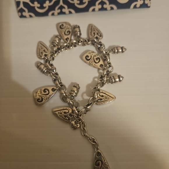 Brighton Brazilian Heart Charm Bracelet Scrolled Silver Plated Retired 8" - Picture 3 of 6